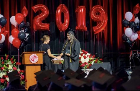 Ayleen Terrones Martinez (right) shaking her principals hand, Melissa Serios hand (left) at graduation at CSUN. June 4, 2019. 