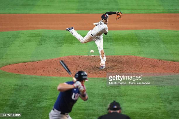 MIAMI, FLORIDA - MARCH 21: Shohei Ohtani #16 of Team Japan strikes out Mike Trout #27 of Team USA to defeat Team USA in the World Baseball Classic Championship at loanDepot park on March 21, 2023 in Miami, Florida.