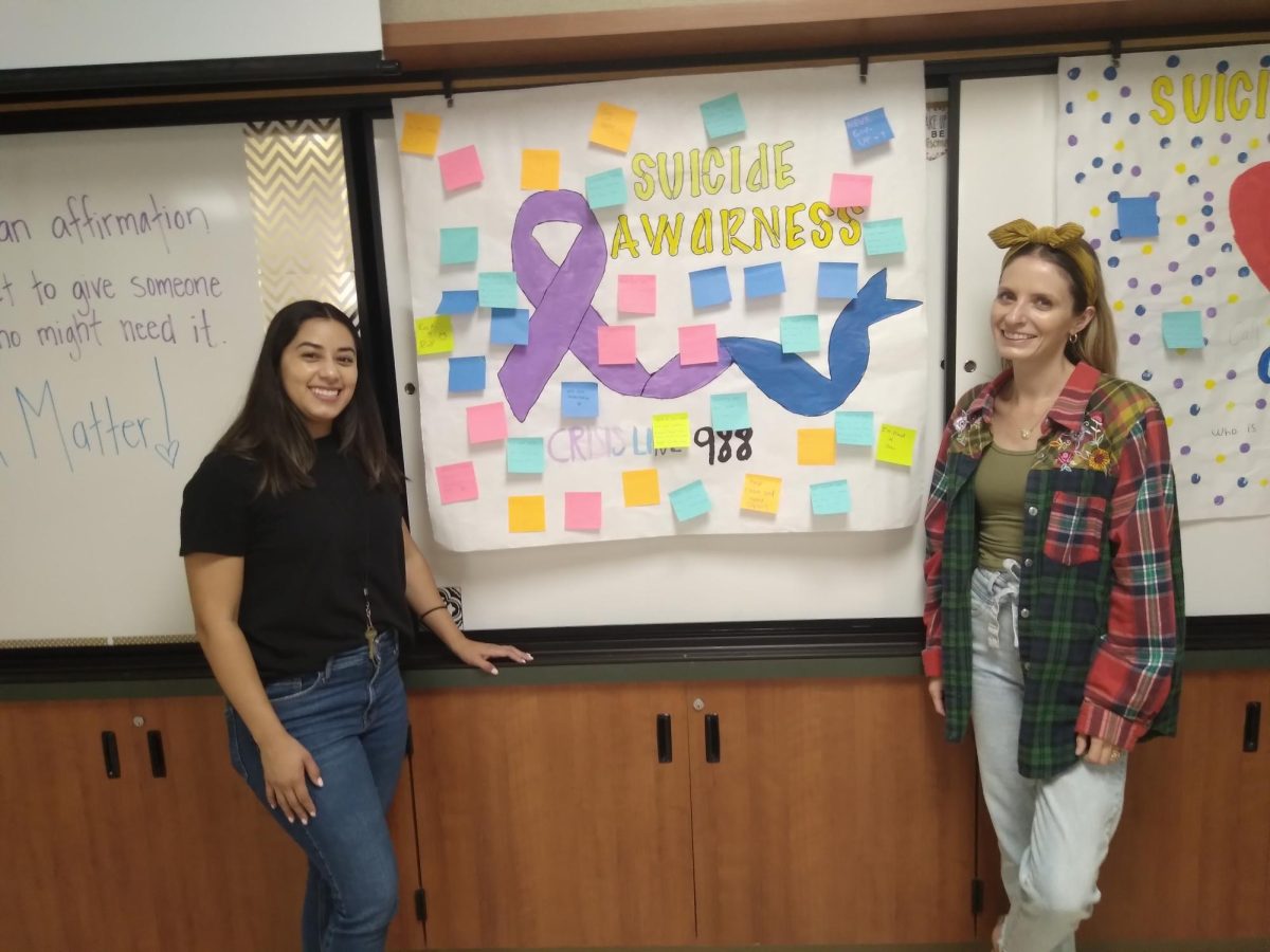 Ms. Orellana (Left) and Mrs. Imai (Right) showcasing a poster they created to promote Suicide Awareness, September 14th 2023 at Golden Valley High School.