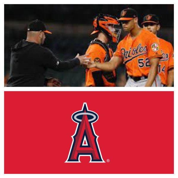 A pitcher for the Baltimore Orioles exiting the game and The Los Angeles Angels logo.