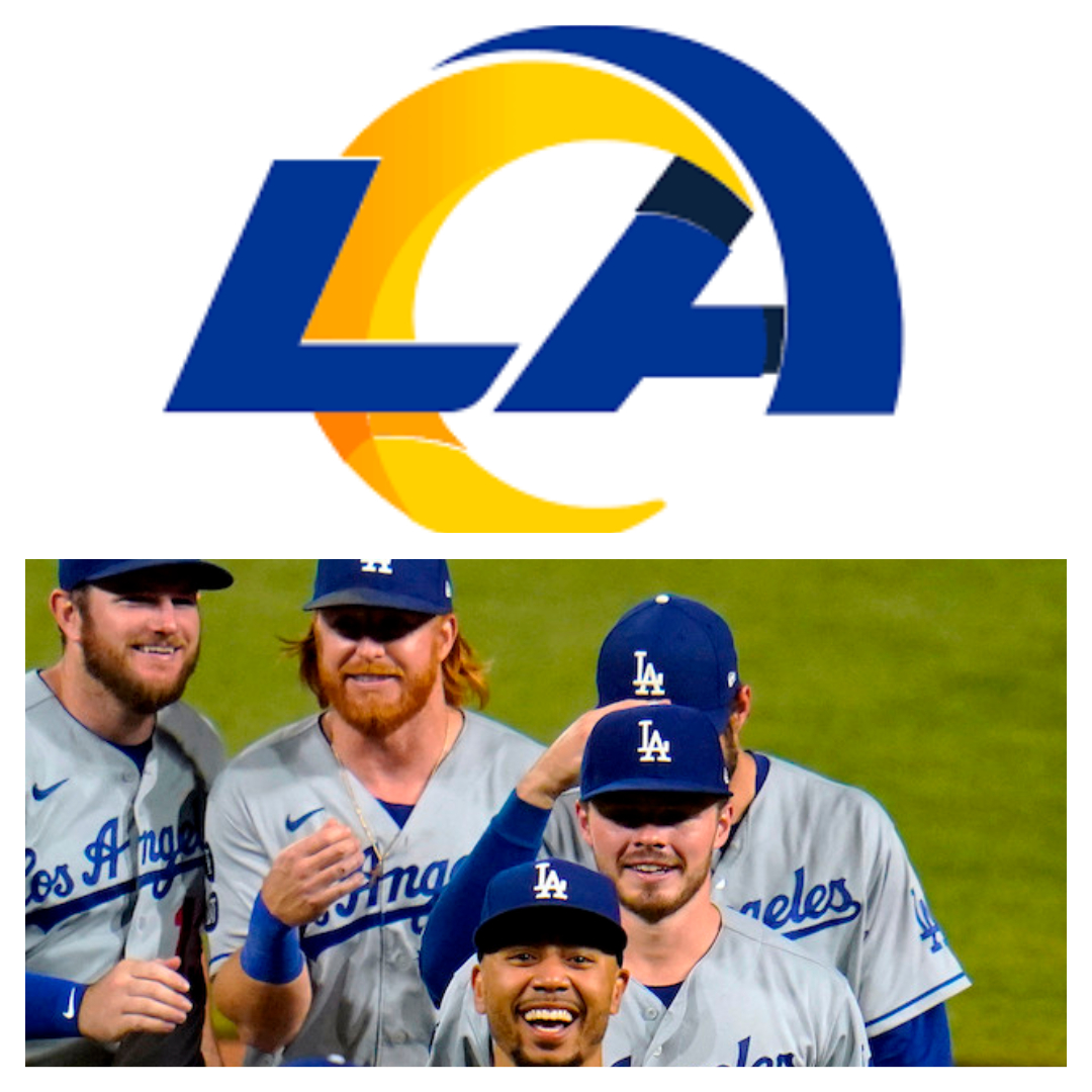 The Los Angeles Rams logo and The Los Angeles Dodgers celebrating a road win
