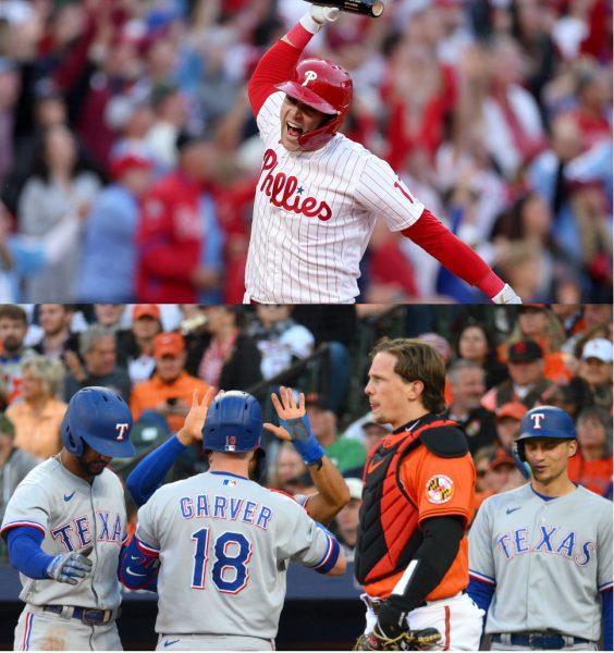 (top) Rhys Hoskins celebrating a home run against the Atlanta Braves in the 2022 NLDS
(bottom) The Texas Rangers celebrating after scoring a run in the 2023 ALDS