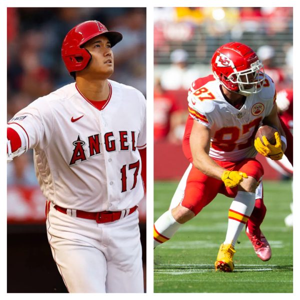 (Left) Shohei Ohtani hitting a home run, Angles

(Right) Travis Kelce catching a pass, Chiefs