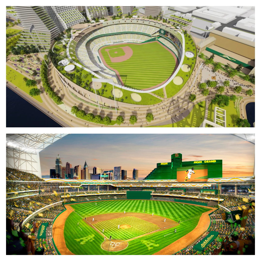 (Top) Howard Terminal Ballpark, the proposed stadium for the Oakland athletics
(Bottom) Proposal stadium in city of Las Vegas, Nevada, housing the As 